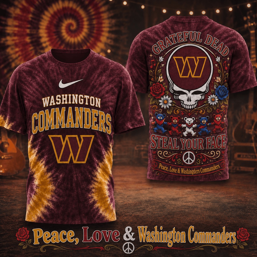 Washington Commanders NFL x Greateful Dead Peace Love All Over Print T Shirt Washington Commanders NFL x Greateful Dead Peace Love All Over Print T Shirt
