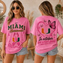 Miami Hurricanes 2026 NCAA Pink October Breast Cancer Awareness Fan Pride Unisex T Shirt , NCAA College 3D Shirt Miami Hurricanes 2026 Ncaa Pink October Breast Cancer Awareness Fan Pride Unisex T Shirt