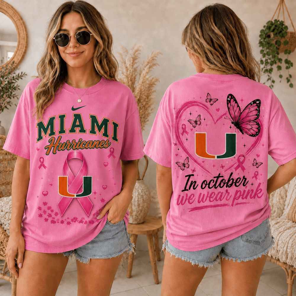 Miami Hurricanes 2026 NCAA Pink October Breast Cancer Awareness Fan Pride Unisex T Shirt , NCAA College 3D Shirt Miami Hurricanes 2026 NCAA Pink October Breast Cancer Awareness Fan Pride Unisex T Shirt , NCAA College 3D Shirt