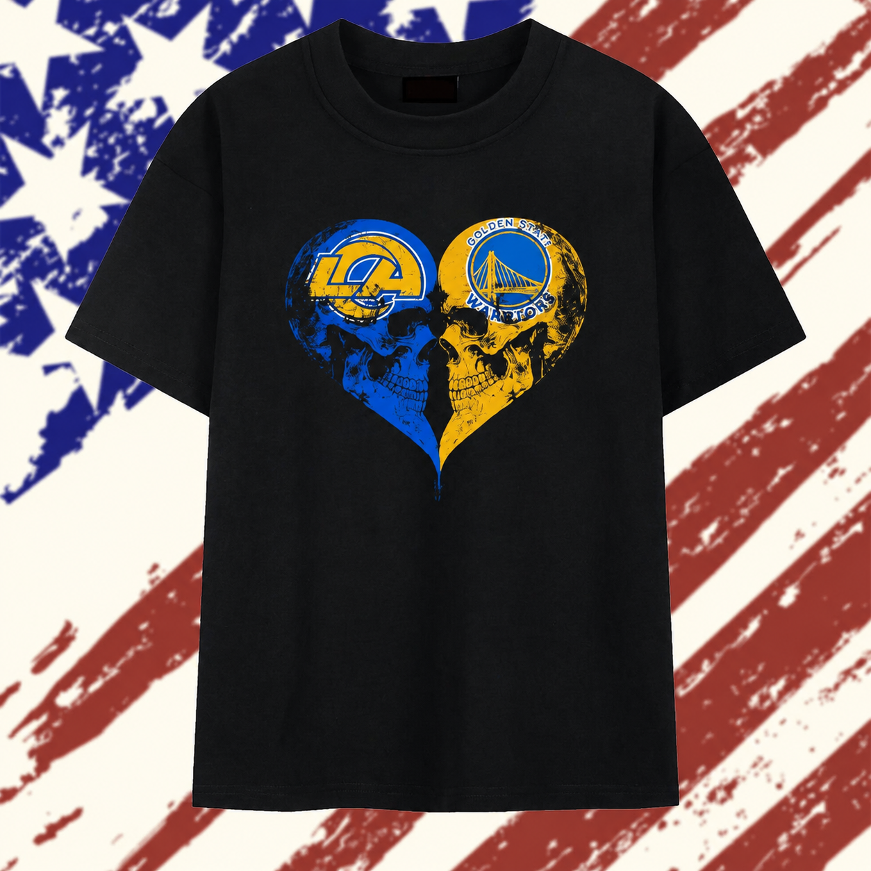 Los Angeles Rams x Golden State Warriors skulls face to face heart shape distressed T Shirt , Stylish 2D Graphic Shirt Los Angeles Rams x Golden State Warriors skulls face to face heart shape distressed T Shirt , Stylish 2D Graphic Shirt