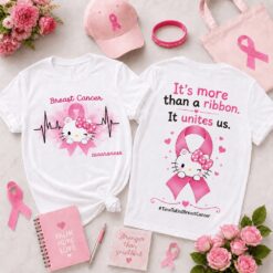Hello Kitty Together in Pink Breast Cancer Awareness Ribbon, Heartbeat & Unity Front and Back T Shirt , Popular 3D Music Tee Hello Kitty Together IN Pink Breast Cancer Awareness Ribbon Heartbeat Unity Front And Back T Shirt