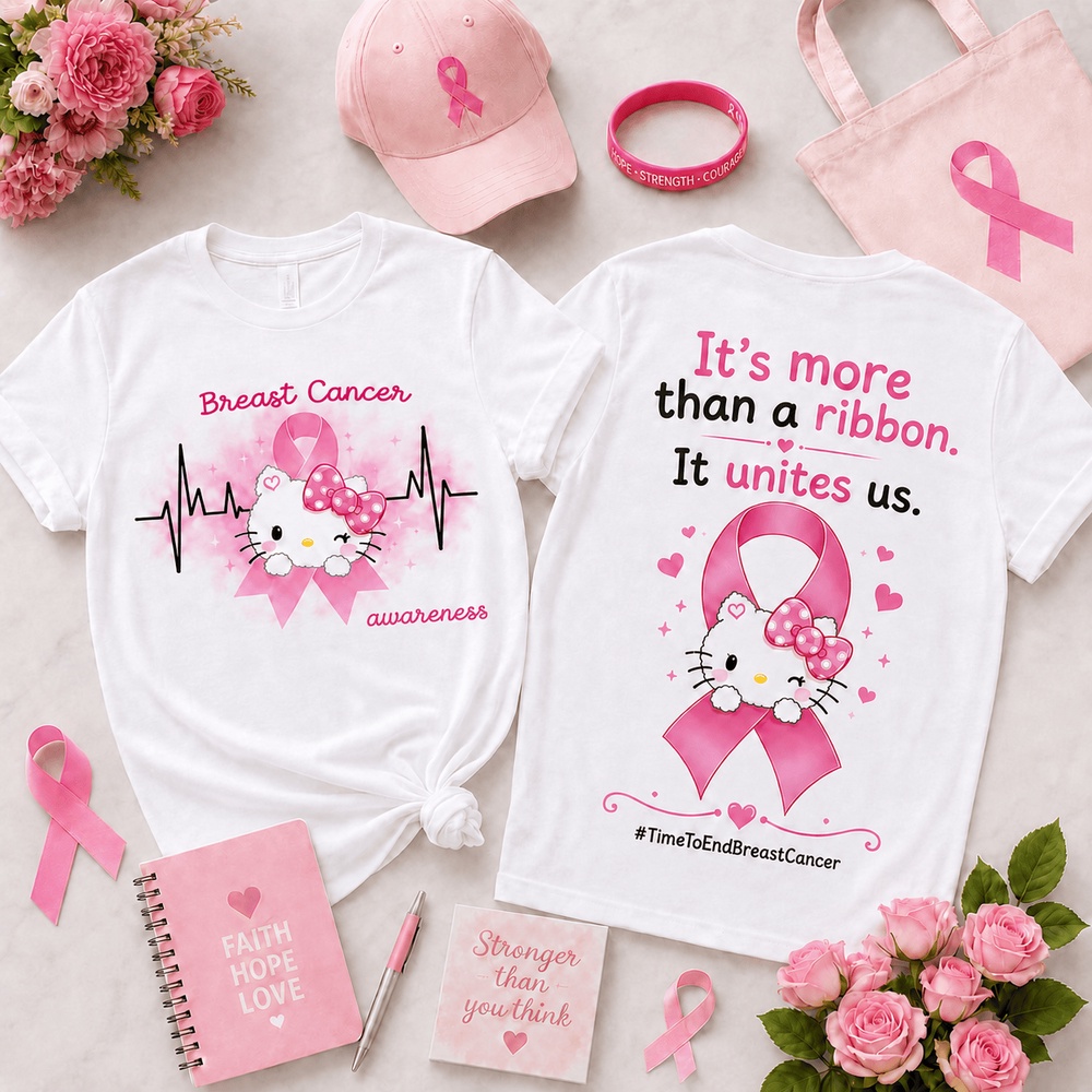 Hello Kitty Together in Pink Breast Cancer Awareness Ribbon, Heartbeat & Unity Front and Back T Shirt , Popular 3D Music Tee Hello Kitty Together in Pink Breast Cancer Awareness Ribbon, Heartbeat & Unity Front and Back T Shirt , Popular 3D Music Tee