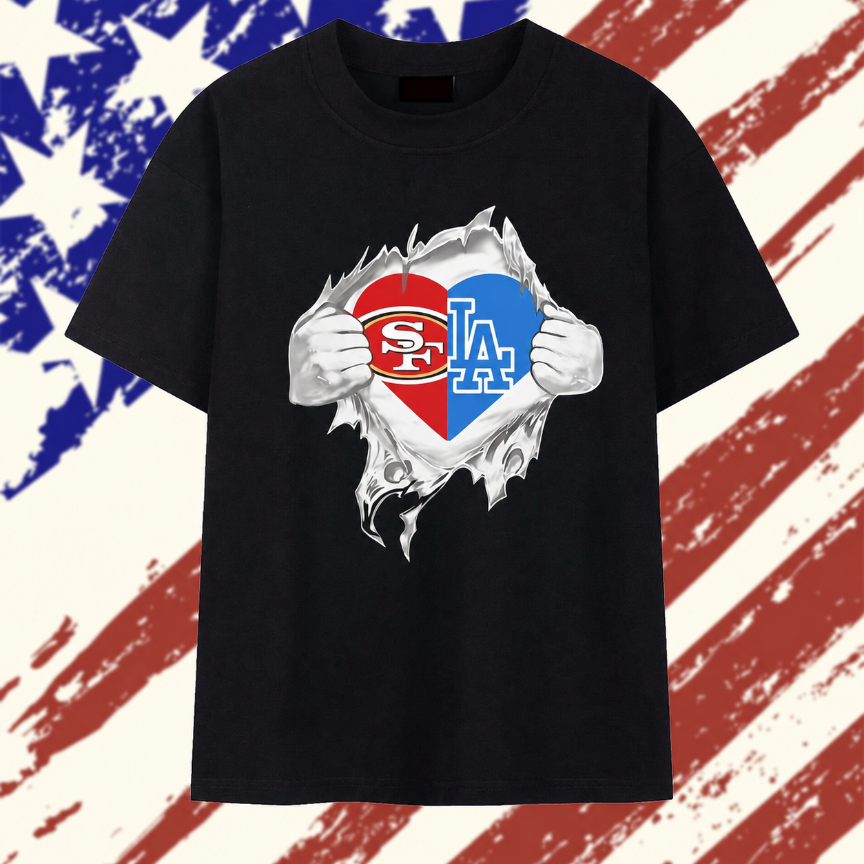 San Francisco 49ers and Los Angeles Dodgers mashup heart with Superman chest rip T Shirt, Stylish 2D Graphic Shirt San Francisco 49ers and Los Angeles Dodgers mashup heart with Superman chest rip T Shirt, Stylish 2D Graphic Shirt