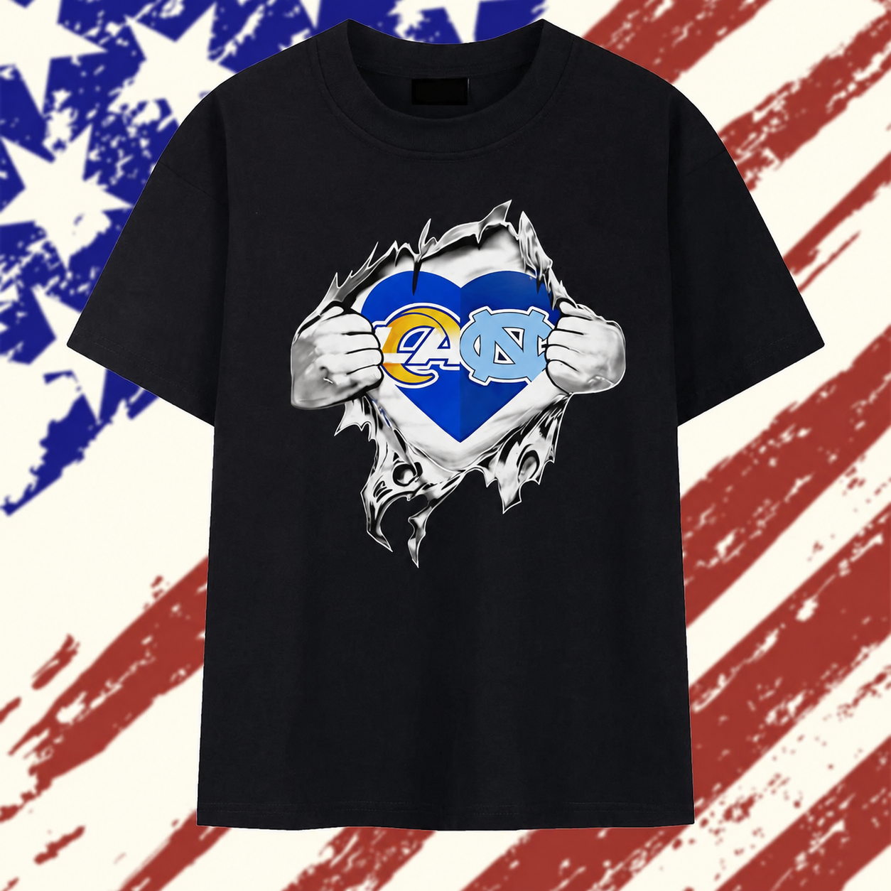 Los Angeles Rams and North Carolina Tar Heels mashup heart with Superman chest rip T Shirt, Stylish 2D Graphic Shirt Los Angeles Rams and North Carolina Tar Heels mashup heart with Superman chest rip T Shirt, Stylish 2D Graphic Shirt