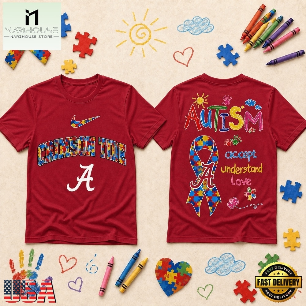 Alabama Crimson Tide NCAA Autism Awareness Puzzle Ribbon T Shirt , NCAA College 3D Shirt Alabama Crimson Tide NCAA Autism Awareness Puzzle Ribbon T Shirt , NCAA College 3D Shirt