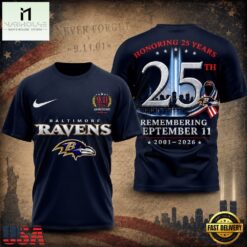 Baltimore Ravens NFL Honoring 25 Years Remembering September 11 T Shirt, NFL Sporty Shirt Baltimore Ravens Nfl Honoring 25 Years Remembering September 11 T Shirt