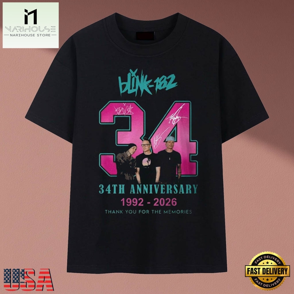 Blink 182 34th Anniversary 1992 2026 Band Signatures Pop Punk T Shirt, Music Fan 2D Shirt Blink 182 34th Anniversary 1992 2026 Band Signatures Pop Punk T Shirt, Music Fan 2D Shirt