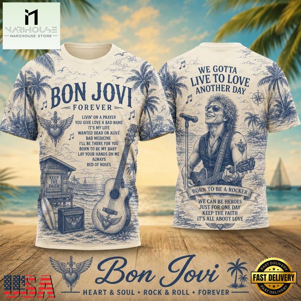 Bon Jovi Forever Palm Trees Acoustic Guitar 2026 Vintage 3D Shirt , Popular 3D Music Tee Bon Jovi Forever Palm Trees Acoustic Guitar 2026 Vintage 3D Shirt