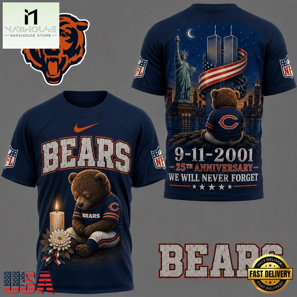 Chicago Bears NFL 9 11 25th Anniversary Never Forget Memorial 3D T Shirt, NFL Sporty Shirt Chicago Bears NFL 9 11 25th Anniversary Never Forget Memorial 3D T Shirt, NFL Sporty Shirt