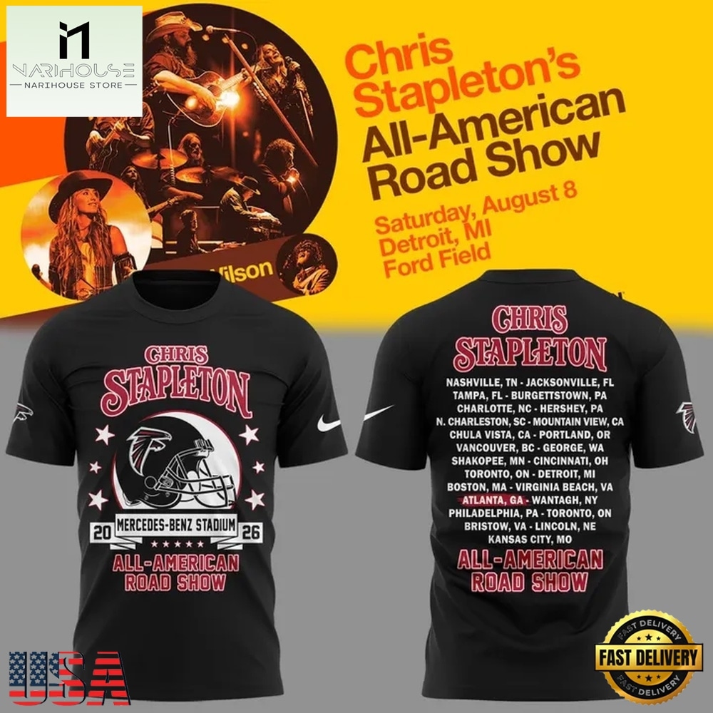 Chris Stapleton x Atlanta Falcons All American Road Show 2026 Black T Shirt, Popular 3D Music Tee Chris Stapleton x Atlanta Falcons All American Road Show 2026 Black T Shirt, Popular 3D Music Tee
