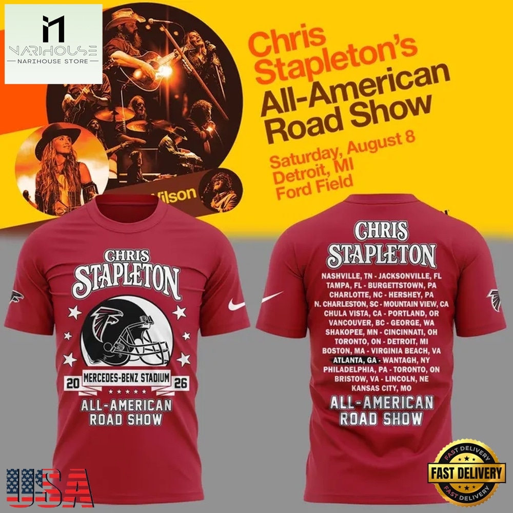 Chris Stapleton x Atlanta Falcons All American Road Show 2026 Red T Shirt, Popular 3D Music Tee Chris Stapleton x Atlanta Falcons All American Road Show 2026 Red T Shirt, Popular 3D Music Tee