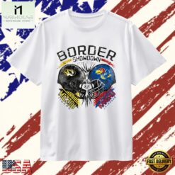 Distressed border showdown Mizzou Tigers vs Kansas Jayhawks Sept 14 2024 T Shirt, Stylish 2D Graphic Shirt Distressed Border Showdown Mizzou Tigers VS Kansas Jayhawks Sept 14 2024 T Shirt