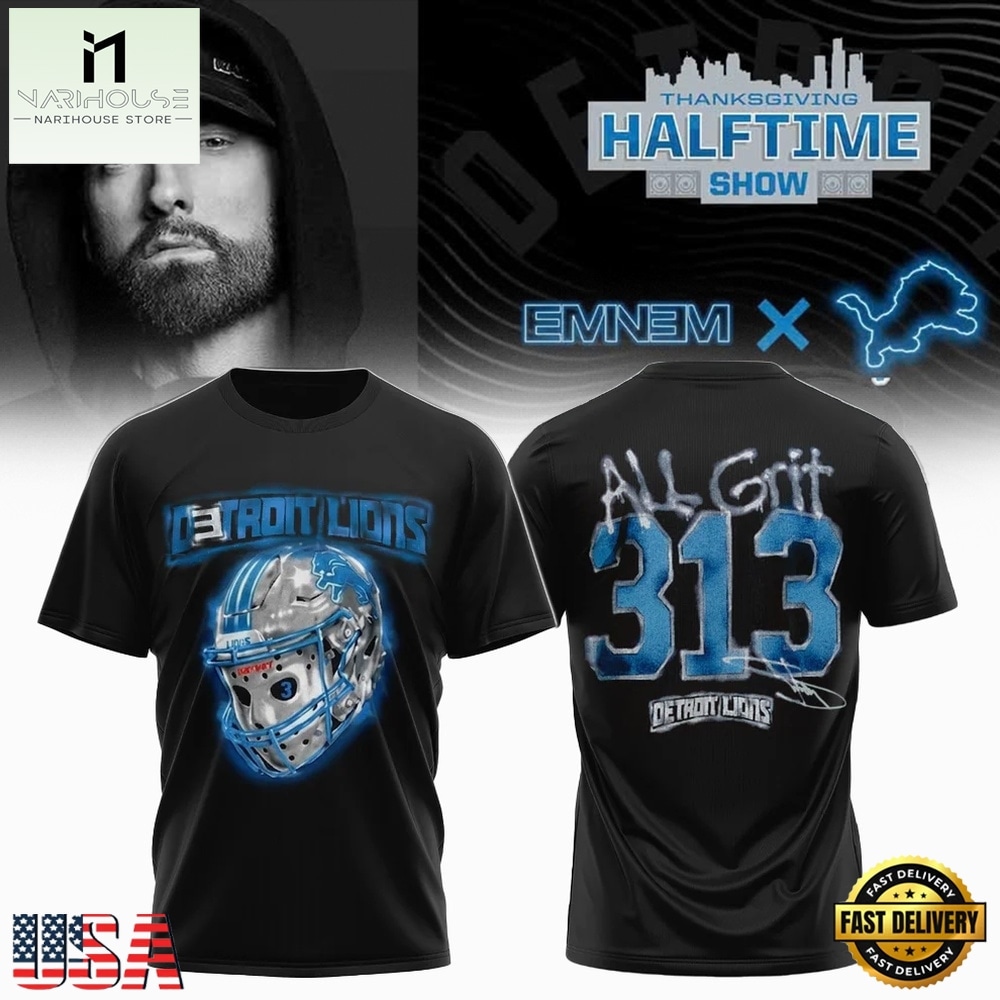 Eminem x Detroit Lions Signature 3D All Grit 313 T Shirt , Popular 3D Music Tee Eminem x Detroit Lions Signature 3D All Grit 313 T Shirt , Popular 3D Music Tee