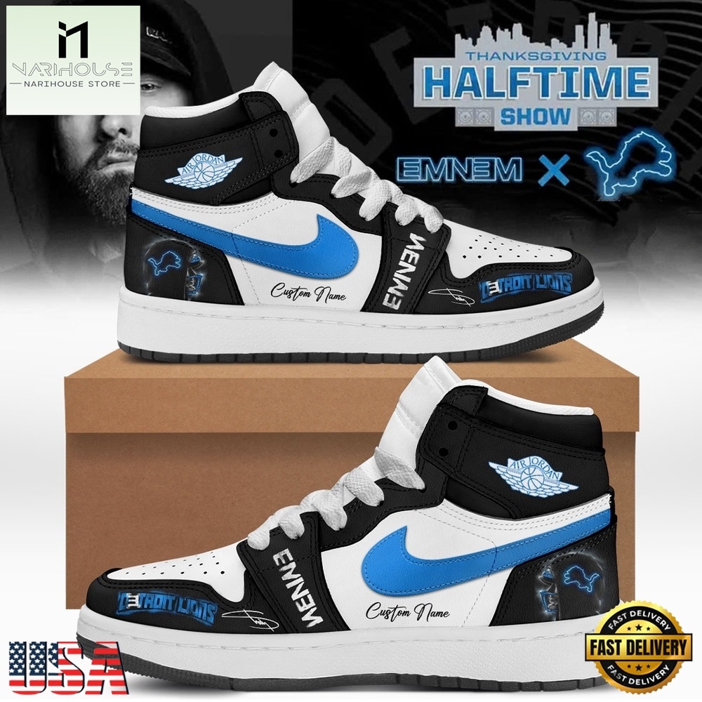 Eminem x Detroit Lions Signature Air Jordan 1 Hightop Shoes , Music Fan AJ1 Sneakers Eminem x Detroit Lions Signature Air Jordan 1 Hightop Shoes , Music Fan AJ1 Sneakers