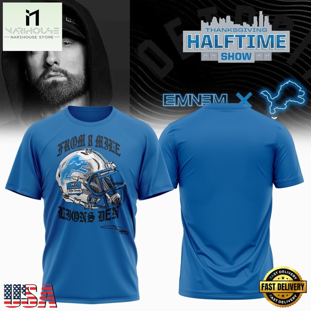 Eminem x Detroit Lions Signature Limited Edition Blue T Shirt , Popular 3D Music Tee Eminem x Detroit Lions Signature Limited Edition Blue T Shirt , Popular 3D Music Tee