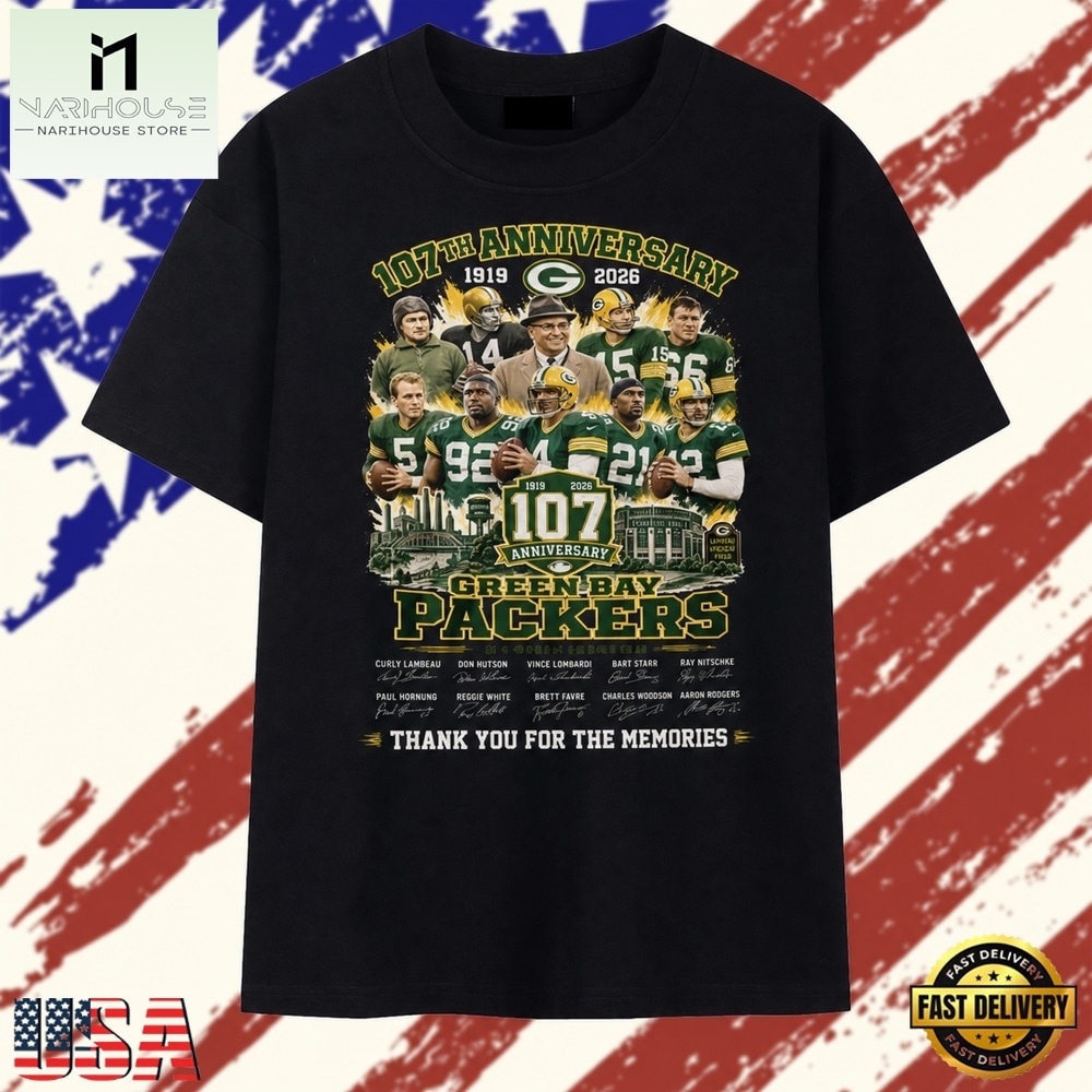 Green Bay Packers 107th Anniversary 1919 2026 Signatures NFL T Shirt , Stylish 2D Graphic Shirt Green Bay Packers 107th Anniversary 1919 2026 Signatures NFL T Shirt , Stylish 2D Graphic Shirt