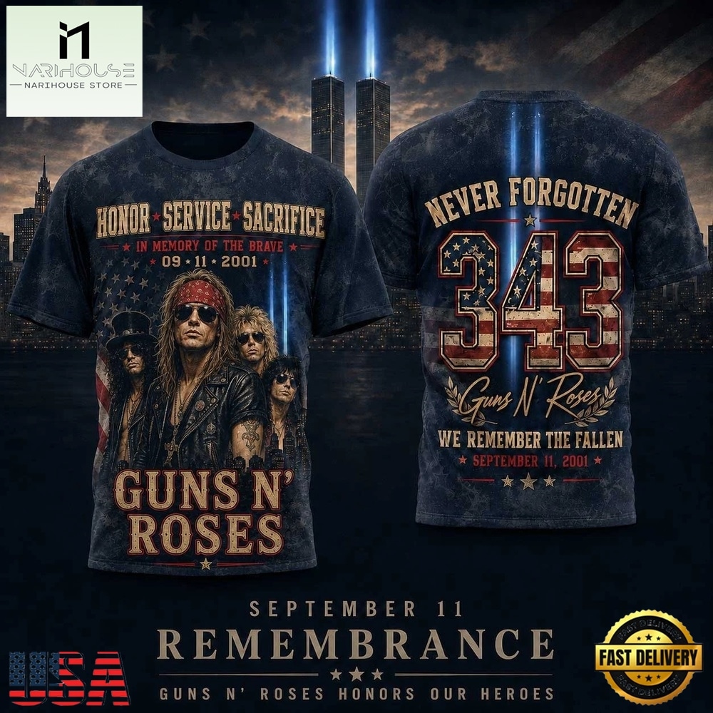 Guns N' Roses Remembering 911 343 Tribute Twin Towers Portrait 3D Shirt, Popular 3D Music Tee Guns N' Roses Remembering 911 343 Tribute Twin Towers Portrait 3D Shirt, Popular 3D Music Tee