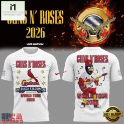 Guns N' Roses x St. Louis Cardinals World Tour 2026 Mascot White Deisgn 3D Shirt, Popular 3D Music Tee Guns N Roses X ST Louis Cardinals World Tour 2026 Mascot White Deisgn 3D Shirt