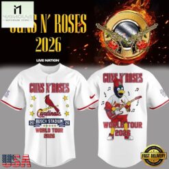 Guns N' Roses x St. Louis Cardinals World Tour 2026 Mascot White Deisgn Baseball Jersey, Concert Baseball Jersey Guns N Roses X ST Louis Cardinals World Tour 2026 Mascot White Deisgn Baseball Jersey