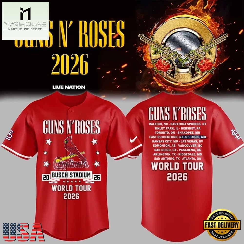 Guns N' Roses x St. Louis Cardinals World Tour 2026 Red Baseball Jersey, Concert Baseball Jersey Guns N' Roses x St. Louis Cardinals World Tour 2026 Red Baseball Jersey, Concert Baseball Jersey