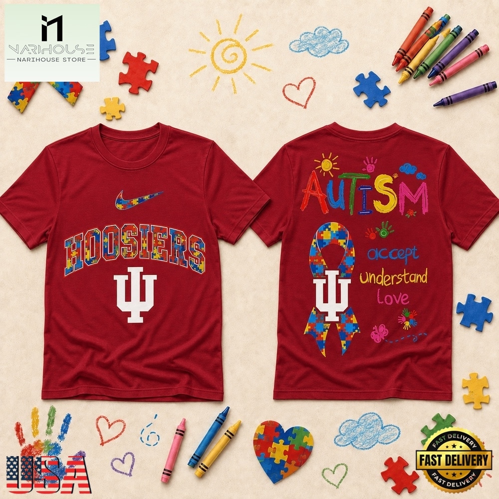 Indiana Hoosiers NCAA Autism Awareness Puzzle Ribbon T Shirt , NCAA College 3D Shirt Indiana Hoosiers NCAA Autism Awareness Puzzle Ribbon T Shirt , NCAA College 3D Shirt