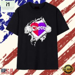 Kansas City Chiefs and TCU Horned Frogs mashup heart with Superman chest rip T Shirt, Stylish 2D Graphic Shirt Kansas City Chiefs And Tcu Horned Frogs Mashup Heart With Superman Chest Rip T Shirt