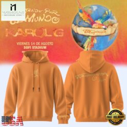 Karol G VIAJANDO POR EL MUNDO TROPITOUR Orange Hoodie , Music Fans 3D T Shirt Karol G Viajando Por EL Mundo Tropitour Orange Hoodie
