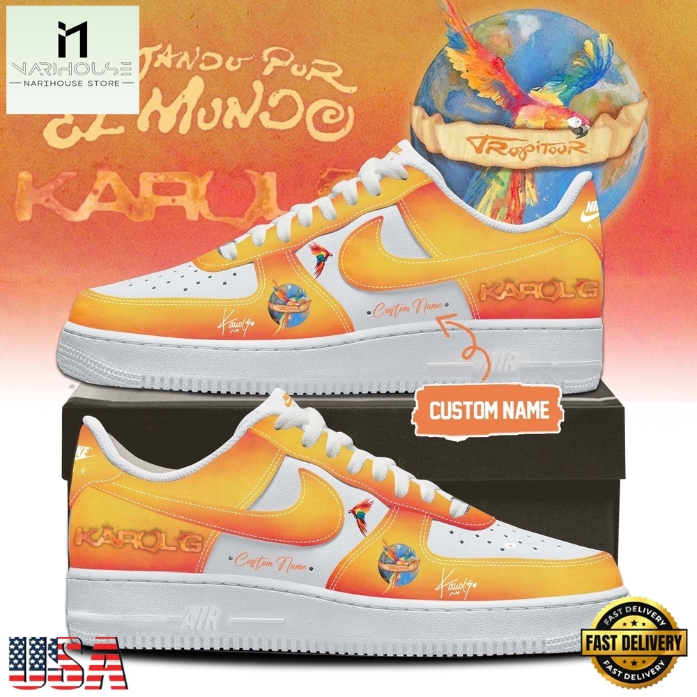 Karol G VIAJANDO POR EL MUNDO TROPITOUR Signed 2026 Orange Air Force 1 Shoes Karol G VIAJANDO POR EL MUNDO TROPITOUR Signed 2026 Orange Air Force 1 Shoes
