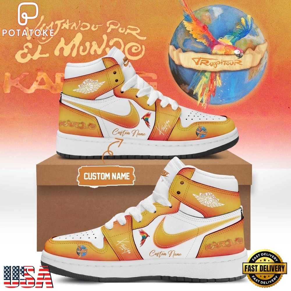 Karol G VIAJANDO POR EL MUNDO TROPITOUR Signed 2026 Orange Air Jordan 1 Shoes Karol G VIAJANDO POR EL MUNDO TROPITOUR Signed 2026 Orange Air Jordan 1 Shoes