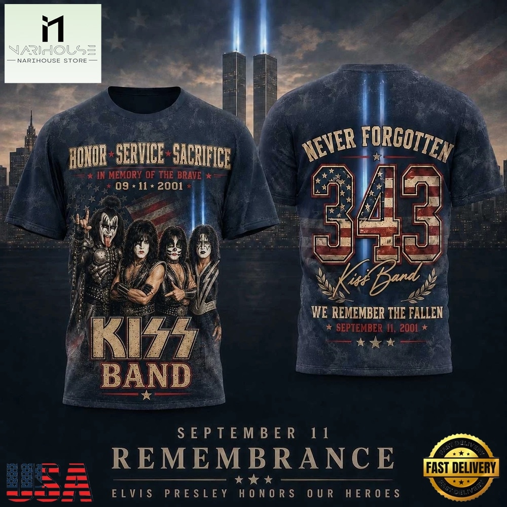 KISS Band Tribute with 911 Remembrance and 343 Fallen Heroes Print T Shirt, Popular 3D Music Tee KISS Band Tribute with 911 Remembrance and 343 Fallen Heroes Print T Shirt, Popular 3D Music Tee