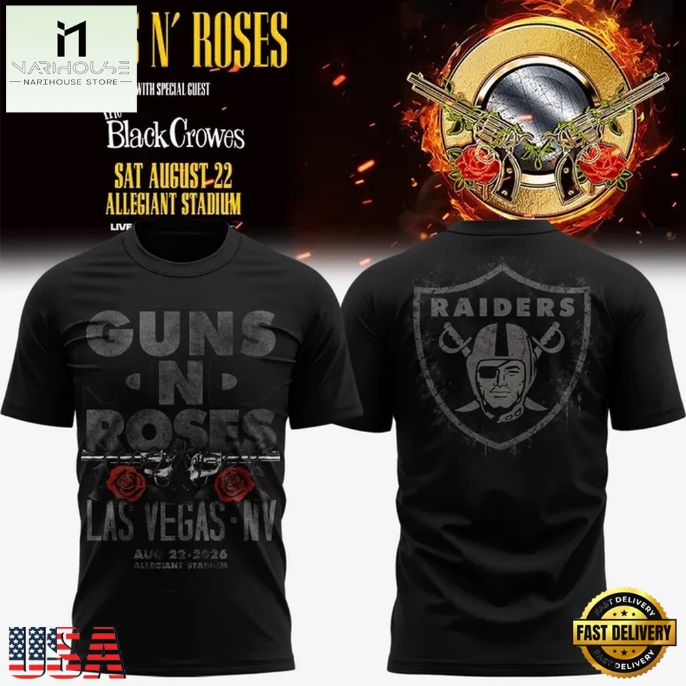 Las Vegas Raiders x Guns N’ Roses World Tour 2026 Limited Edition T Shirt, Popular 3D Music Tee Las Vegas Raiders x Guns N’ Roses World Tour 2026 Limited Edition T Shirt, Popular 3D Music Tee