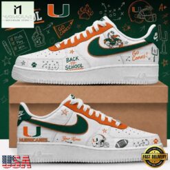 Miami Hurricanes 2026 NCAA Football Back To School Air Force 1 Shoes Sneakers , Sporty Sneakers Shoes Miami Hurricanes 2026 Ncaa Football Back TO School Air Force 1 Shoes Sneakers