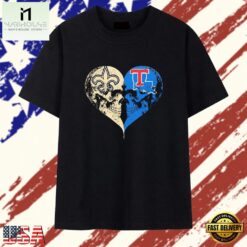 New Orleans Saints x Louisiana Tech Bulldogs skulls face to face heart shape T Shirt , Stylish 2D Graphic Shirt New Orleans Saints X Louisiana Tech Bulldogs Skulls Face TO Face Heart Shape T Shirt