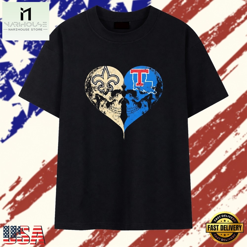 New Orleans Saints x Louisiana Tech Bulldogs skulls face to face heart shape T Shirt , Stylish 2D Graphic Shirt New Orleans Saints x Louisiana Tech Bulldogs skulls face to face heart shape T Shirt , Stylish 2D Graphic Shirt