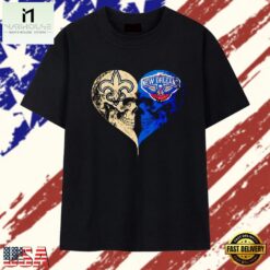 New Orleans Saints x New Orleans Pelicans skulls face to face heart shape T Shirt , Stylish 2D Graphic Shirt New Orleans Saints X New Orleans Pelicans Skulls Face TO Face Heart Shape T Shirt