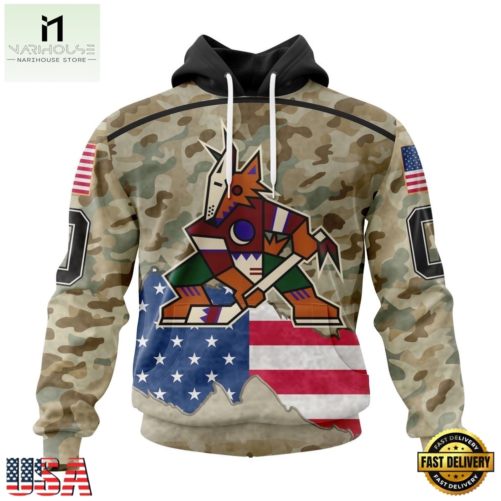 NHL Arizona Coyotes Specialized Kits For United State With Camo Color Hoodie, T Shirt , NHL 3D Game Day Tee Nhl Arizona Coyotes Specialized Kits For United State With Camo Color Hoodie T Shirt 1