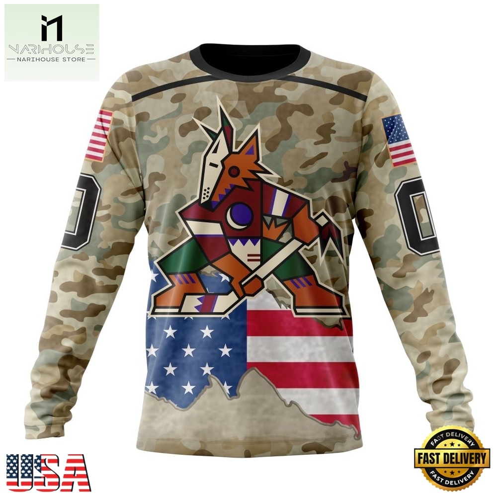 NHL Arizona Coyotes Specialized Kits For United State With Camo Color Hoodie, T Shirt , NHL 3D Game Day Tee Nhl Arizona Coyotes Specialized Kits For United State With Camo Color Hoodie T Shirt 3