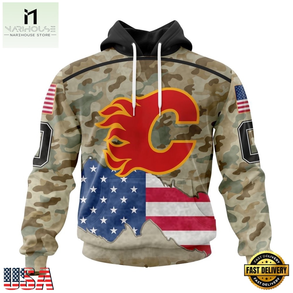 NHL Calgary Flames Specialized Kits For United State With Camo Color Hoodie, T Shirt , NHL 3D Game Day Tee Nhl Calgary Flames Specialized Kits For United State With Camo Color Hoodie T Shirt 1