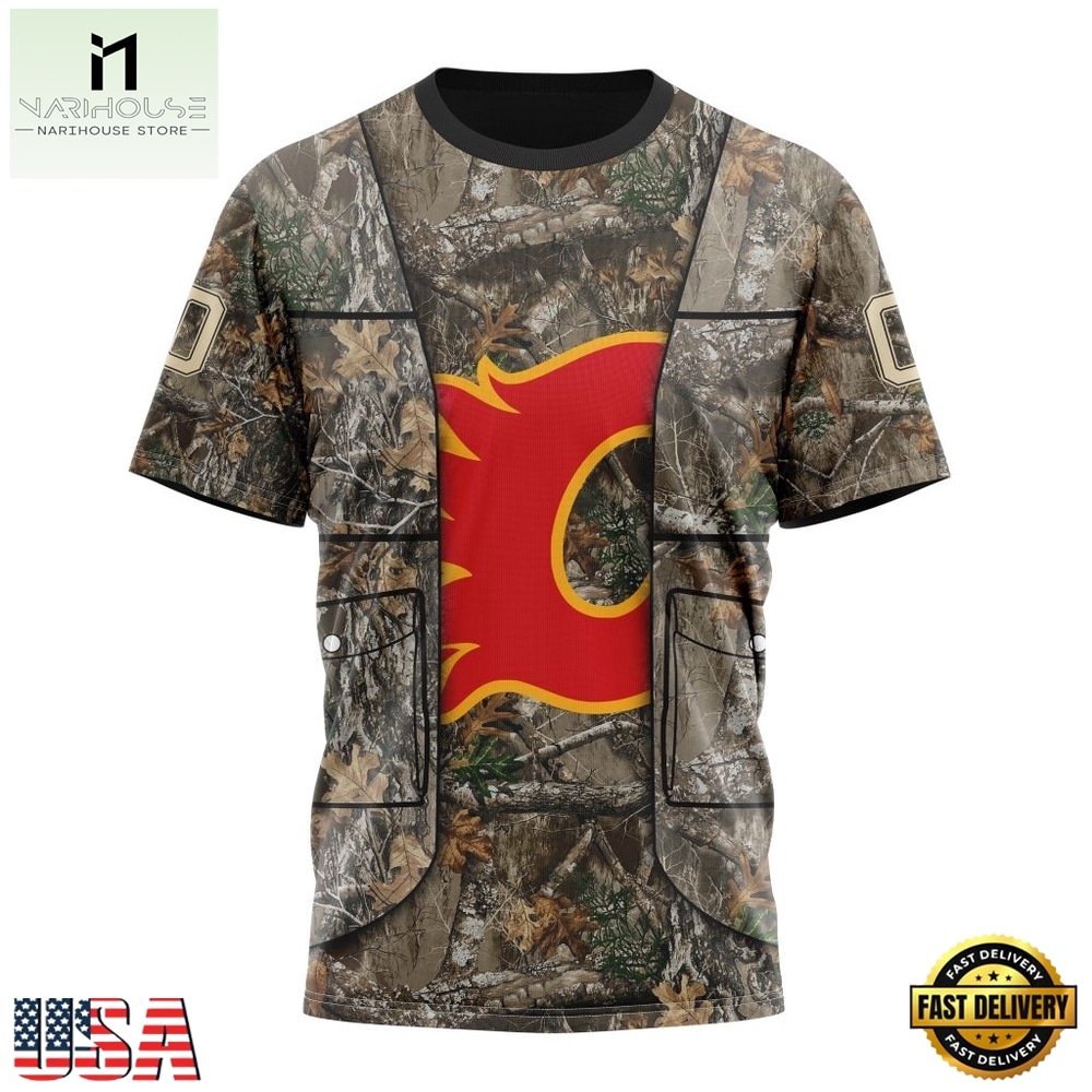 NHL Calgary Flames Specialized Unisex Vest Kits With Realtree Camo Hoodie, T Shirt, NHL 3D Game Day Tee NHL Calgary Flames Specialized Unisex Vest Kits With Realtree Camo Hoodie, T Shirt, NHL 3D Game Day Tee