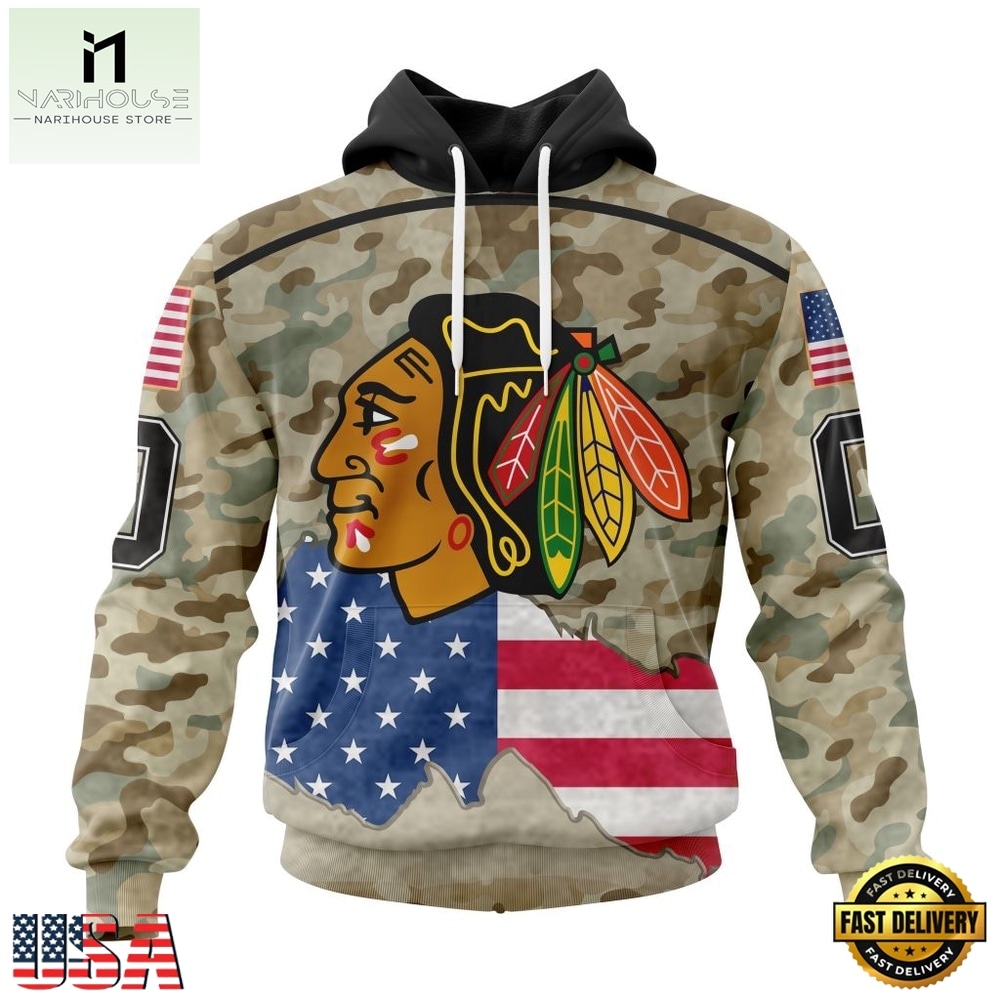 NHL Chicago BlackHawks Specialized Kits For United State With Camo Color Hoodie, T Shirt , NHL 3D Game Day Tee Nhl Chicago Blackhawks Specialized Kits For United State With Camo Color Hoodie T Shirt 1