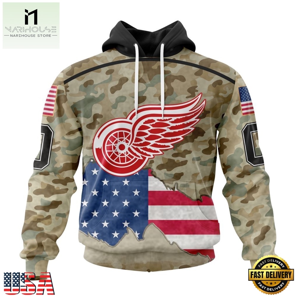 NHL Detroit Red Wings Specialized Kits For United State With Camo Color Hoodie, T Shirt , NHL 3D Game Day Tee Nhl Detroit Red Wings Specialized Kits For United State With Camo Color Hoodie T Shirt 1