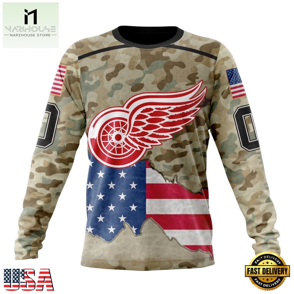 NHL Detroit Red Wings Specialized Kits For United State With Camo Color Hoodie, T Shirt , NHL 3D Game Day Tee Nhl Detroit Red Wings Specialized Kits For United State With Camo Color Hoodie T Shirt 3