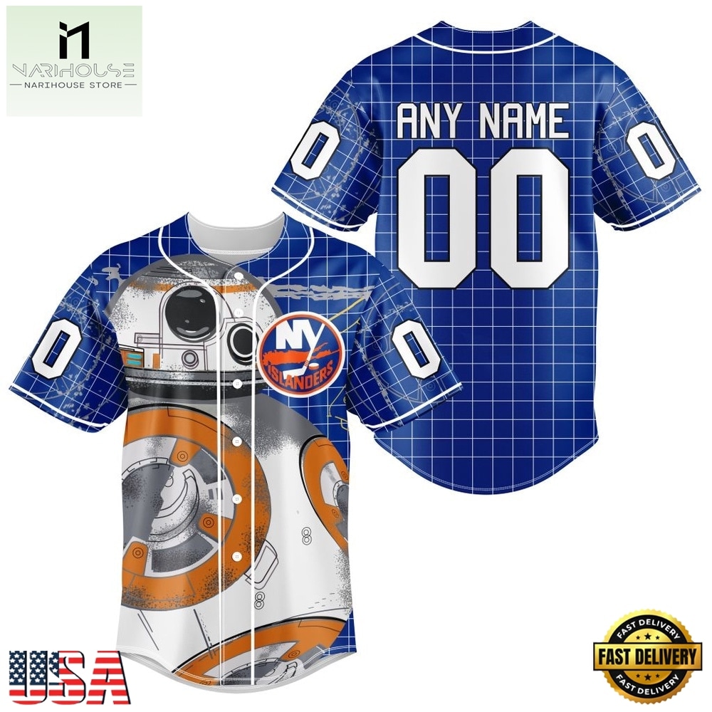 NHL New York Islanders x BB 8 D Star War Baseball Jersey , NHL Graphic Baseball Jersey NHL New York Islanders x BB 8 D Star War Baseball Jersey , NHL Graphic Baseball Jersey