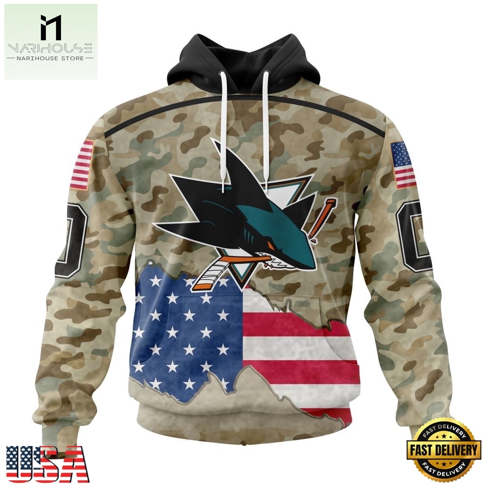 NHL San Jose Sharks Specialized Kits For United State With Camo Color Hoodie, T Shirt , NHL 3D Game Day Tee Nhl San Jose Sharks Specialized Kits For United State With Camo Color Hoodie T Shirt 1