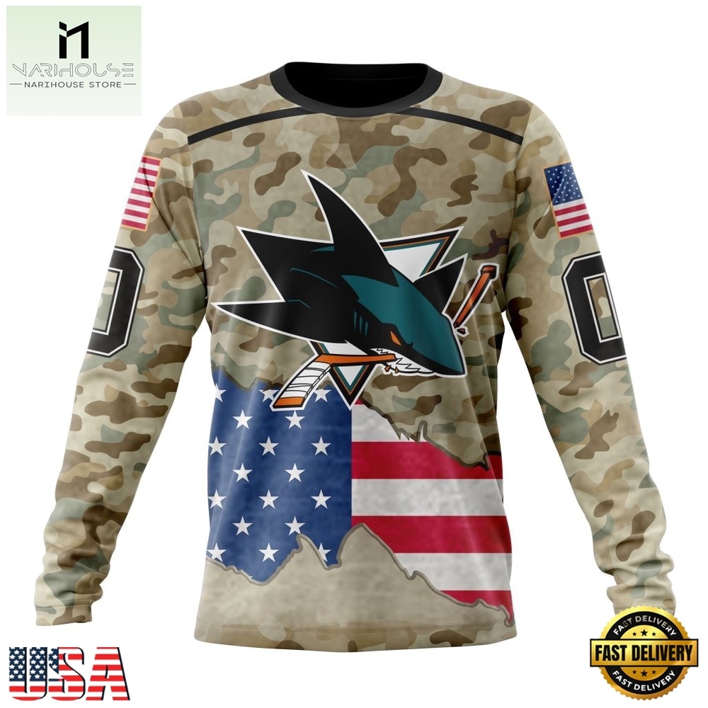 NHL San Jose Sharks Specialized Kits For United State With Camo Color Hoodie, T Shirt , NHL 3D Game Day Tee Nhl San Jose Sharks Specialized Kits For United State With Camo Color Hoodie T Shirt 3