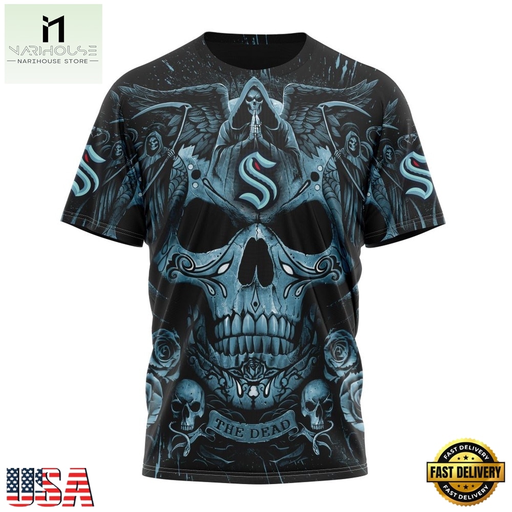 NHL Seattle Kraken Special Design Halloween With Skull Art Hoodie, T Shirt , NHL 3D Game Day Tee NHL Seattle Kraken Special Design Halloween With Skull Art Hoodie, T Shirt , NHL 3D Game Day Tee