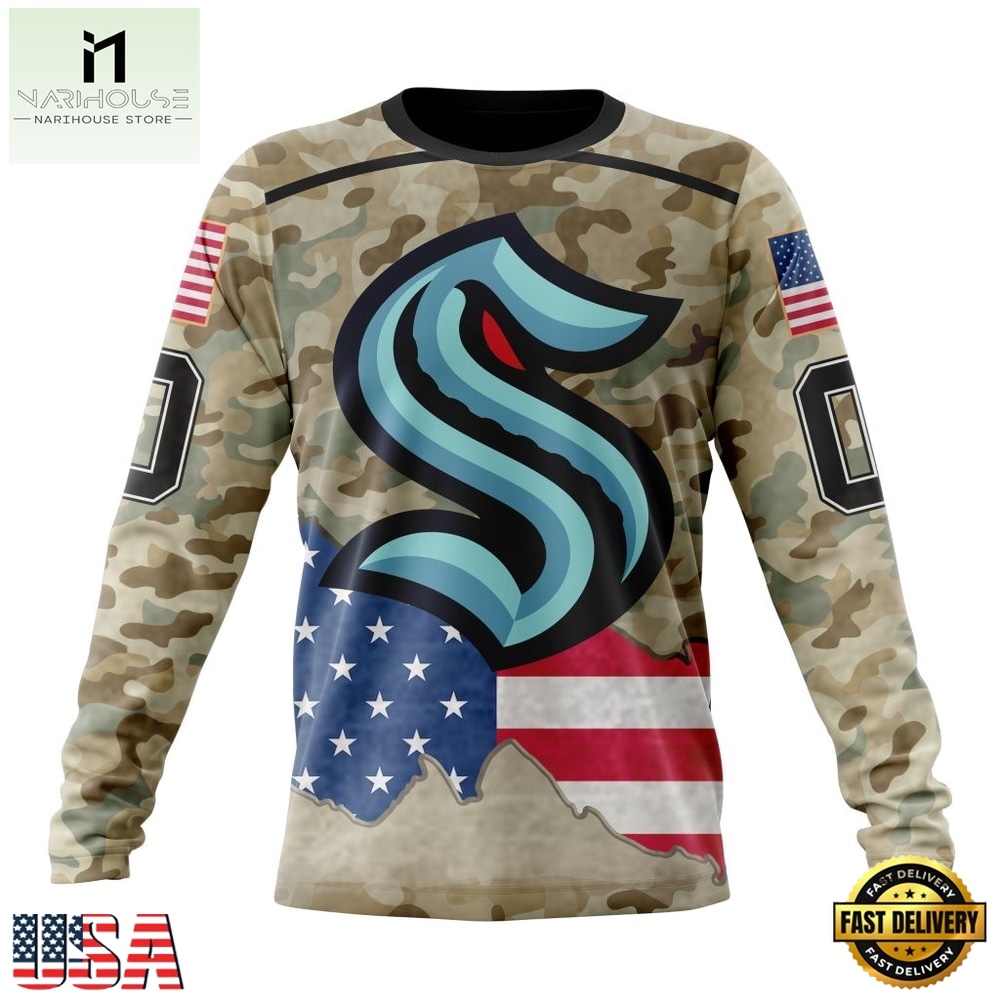 NHL Seattle Kraken Specialized Kits For United State With Camo Color Hoodie, T Shirt , NHL 3D Game Day Tee Nhl Seattle Kraken Specialized Kits For United State With Camo Color Hoodie T Shirt 3