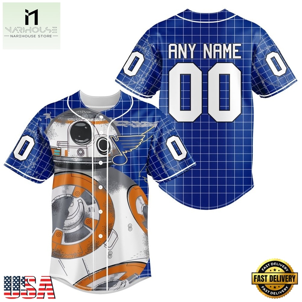 NHL St. Louis Blues x BB 8 D Star War Baseball Jersey , NHL Graphic Baseball Jersey NHL St. Louis Blues x BB 8 D Star War Baseball Jersey , NHL Graphic Baseball Jersey