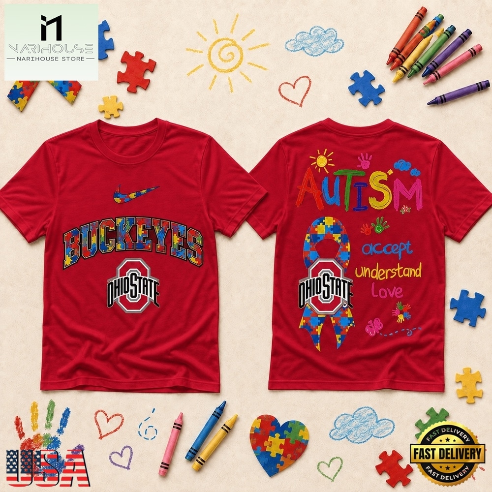 Ohio State Buckeyes NCAA Autism Awareness Puzzle Ribbon T Shirt , NCAA College 3D Shirt Ohio State Buckeyes NCAA Autism Awareness Puzzle Ribbon T Shirt , NCAA College 3D Shirt
