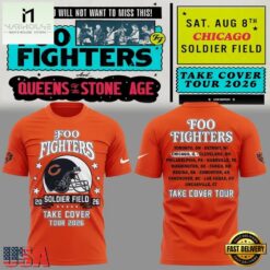 Orange Shirt Foo Fighters x Chicago Bears, Take Cover Tour 2026 T Shirt , Music Fans 3D T Shirt Orange Shirt Foo Fighters X Chicago Bears Take Cover Tour 2026 T Shirt